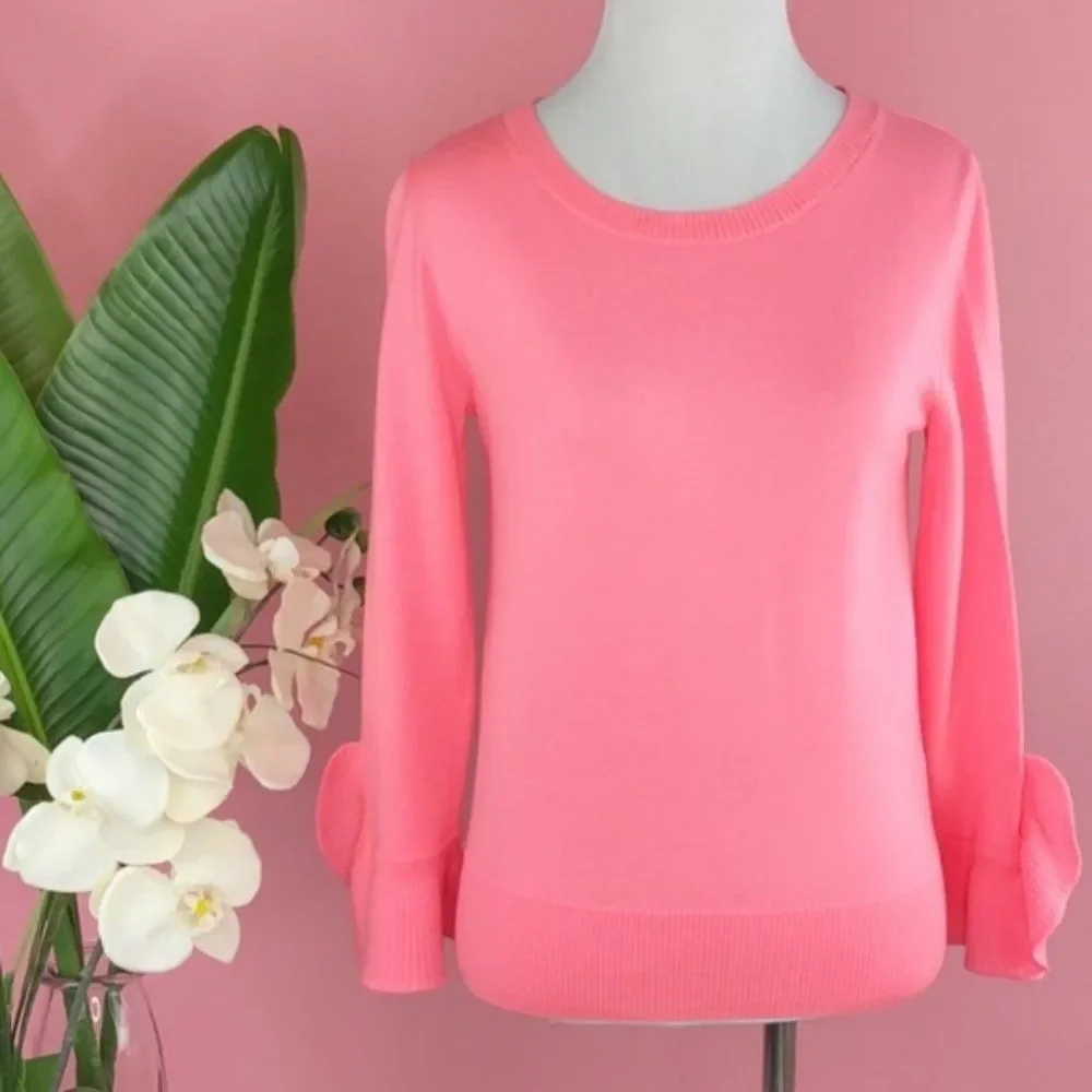 J. Crew 100% Merino Wool Pink Crew Neck Ruffle Sleeve Sweater NWT